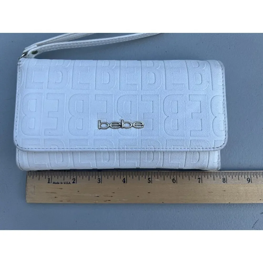 Bebe Embossed Logo White Leather Wallet Wristlet Strap Y2K Clutch